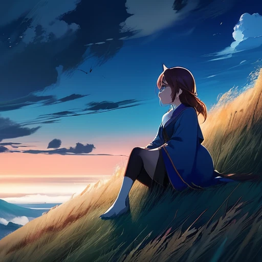 Requiem anime landscape of a girl＆cute corgidog sitting on a hill with grasses with dark blue clouds, blue cere madder sky  lightly big bell   with few clouds, anime nature wallpapers, beautiful anime scene, beautiful anime peace scene, Makoto Shinkai Cyri...