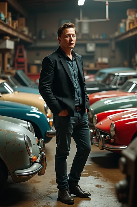 Elon Musk in garage full of old classic cars