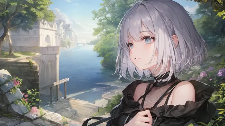 Open your mouth、Her eyes were shining、Mysterious and enchanting atmosphere。With AI Painting、とてもShort Hair, Long bangs between the eyes, Very detailed,(masterpiece、Highest quality)、Gray Hair、Fantasy, Silver Hair, Fantasyな風景、smile、Open your mouth、short hair、...