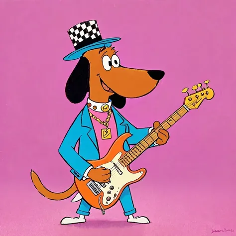 Huckleberry Hound, pink top hat, Orange Tracksuit, cross necklace, holding Electric Guitar, New York City, art by Joseph Barbara