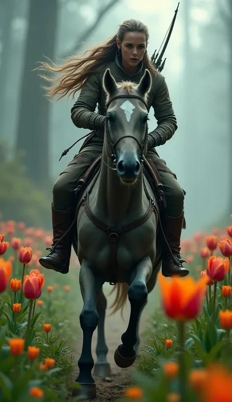 black fantasy, sinister atmosphere, Female elf archer, light leather armor,  fast gallop on horseback through a field of wild tulips, detailded, profile pic, full body shot shot, disheveled hair from running, wide-angle shot