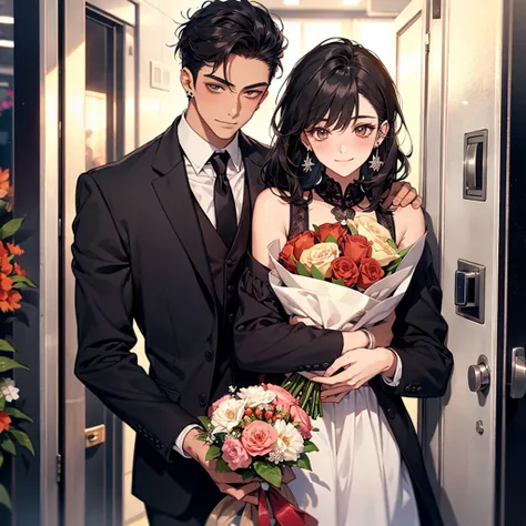 young guy, smiling, giving a bouquet of flowers, blushing, street background, POV you are opening the door to him, handsome, almond eyes, black hair, piercings, deliquent looks