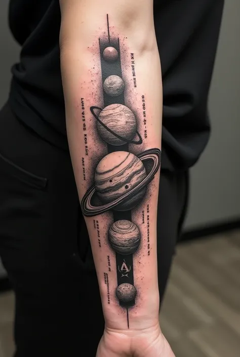 A tattoo on the forearm of planets in synergy and black and white phrases 