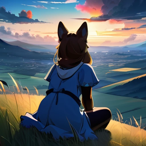 Requiem anime landscape of a girl＆cute corgidog sitting on a hill with grasses with dark blue clouds, blue cere madder sky  lightly big bell   with few clouds, anime nature wallpapers, beautiful anime scene, beautiful anime peace scene, Makoto Shinkai Cyri...