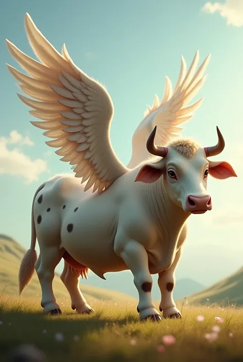 A cow with wings in profile