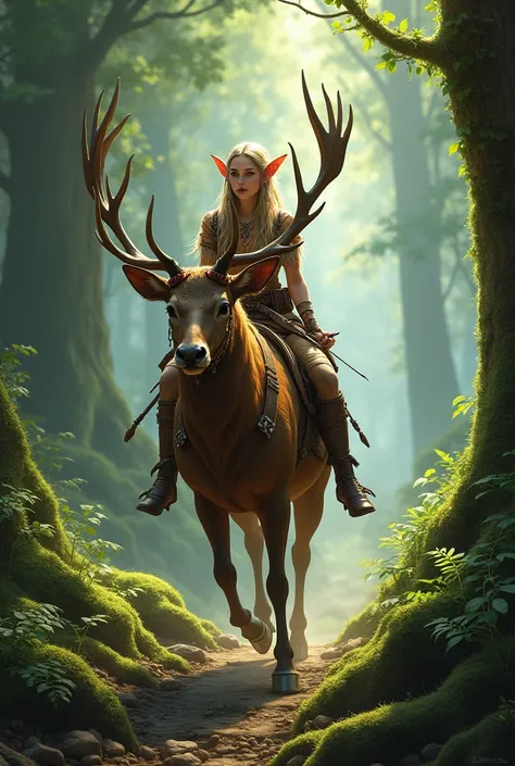 Female wood elf huntress mounted on a stag