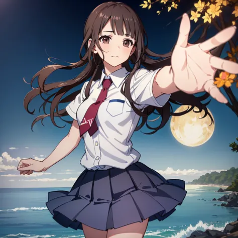 ((Highest quality,masterpiece)),(16K,Ultra-high resolution,Ultra-high resolution,Super detailed),Okitasawa looks out at the viewer on a summer night beach,white shirt, short sleeves, red necktie, blue skirt,shy,red cheek,wide-eyes,side glance,looking side,...