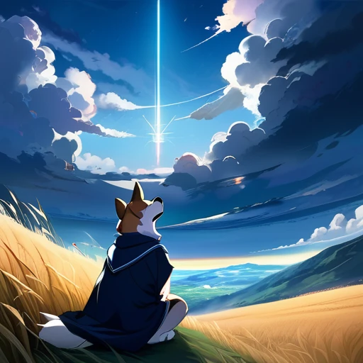 Requiem anime landscape of a girl＆cute corgidog sitting on a hill with grasses with dark blue clouds, blue cere madder sky  lightly big bell   with few clouds, anime nature wallpapers, beautiful anime scene, beautiful anime peace scene, Makoto Shinkai Cyri...