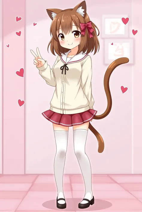 One girl,Cat girl,Animal ears,tail,View your viewers,smile,peace sign,Cute pink room,Heart Items,ribbon,Are standing,Upper Body,Perfect body