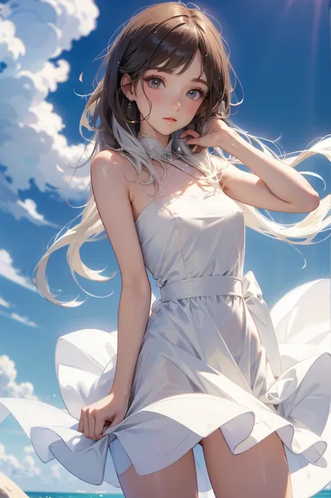 Full-length portrait of a girl,White dress,White panties,Small Bust