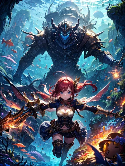 masterpiece,(bestquality),highlydetailed,ultra-detailed,1girl,(Pirates girl:golden,glowingeyes:Blue,goldenrarmor:1.2,elongatedears:0.8),(Inside the underwater cave、adventure:1.5,weapon:Pirate Sword),（treasure、Gold Bar:1.5）(fantasylandscape:1.2,natural ligh...