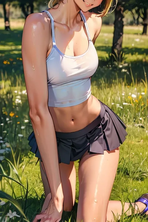 Best Picture, Masterpiece, 4K, High Quality, One Adult
Woman. The woman has blonde hair. Hair style, straight, bob,. Long slit eyes, green eyes,
Model like beauty, perfect proportions. Perfect legs. Perfect arms. Tank top, navel-baring look, tight miniskir...