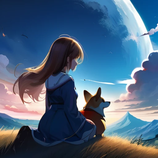 Requiem anime landscape of a girl＆cute corgidog sitting on a hill with grasses with dark blue clouds, blue cere madder sky  lightly big bell   with few clouds, anime nature wallpapers, beautiful anime scene, beautiful anime peace scene, Makoto Shinkai Cyri...