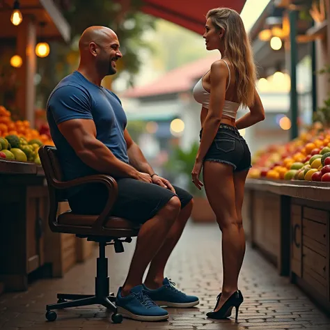 masterpiece, 8k, high resolution, best quality, ultra detailed), Head to toe body photo, 1 man and a woman in one photo. The man is looking at the woman, he is very tall, bodybuilder, huge and exaggerated muscles, hot, perfect elongated face, handsome, bal...