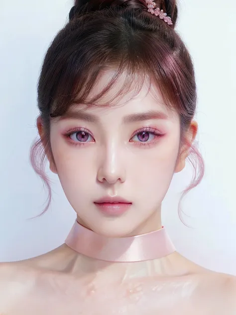 a close-up of a woman wearing a pink choker and a pink choker., popular korean makeup, south korean popular makeup, young adorab...