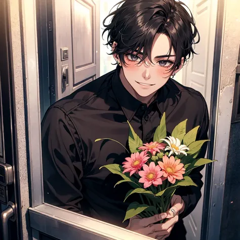 young guy, smiling, giving a bouquet of flowers, blushing, street background, POV you are opening the door to him, handsome, small eyes, black hair, piercings, black shirt, strong, patches on cheek