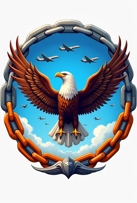 Round coat of arms in the form of link rings,  orange and gray border, eagle looking up, blue sky background with miniatures of Gol aircraft flying.