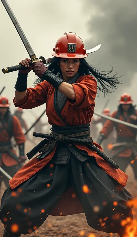 Japan Samurai for women、Female warriors of the Sengoku period、wearing a hard hat、Fierce fight scene、There are a lot of people fighting out there、The flames are rising everywhere、Sense of presence。Real、genuine、２５kor、Bblack hair