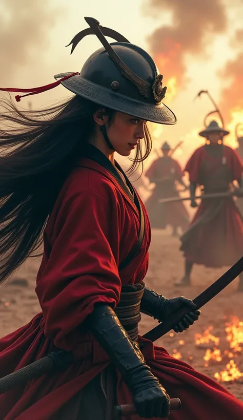 Japan Samurai for women、Female warriors of the Sengoku period、wearing a hard hat、Fierce fight scene、There are a lot of people fighting out there、The flames are rising everywhere、Sense of presence。Real、genuine、２５kor、Bblack hair