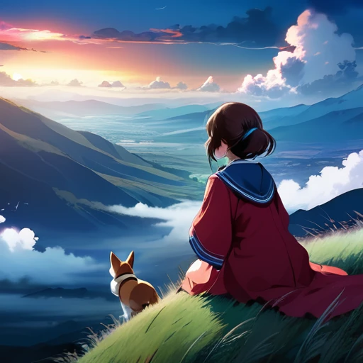 Requiem anime landscape of a girl＆cute corgidog sitting on a hill with grasses with dark blue clouds, blue cere madder sky  lightly big bell   with few clouds, anime nature wallpapers, beautiful anime scene, beautiful anime peace scene, Makoto Shinkai Cyri...