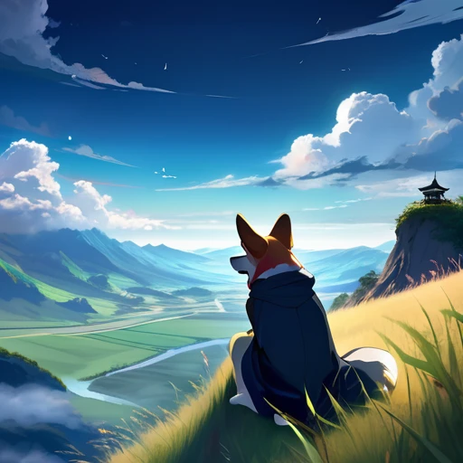 Requiem anime landscape of a girl＆cute corgidog sitting on a hill with grasses with dark blue clouds, blue cere madder sky  lightly big bell   with few clouds, anime nature wallpapers, beautiful anime scene, beautiful anime peace scene, Makoto Shinkai Cyri...