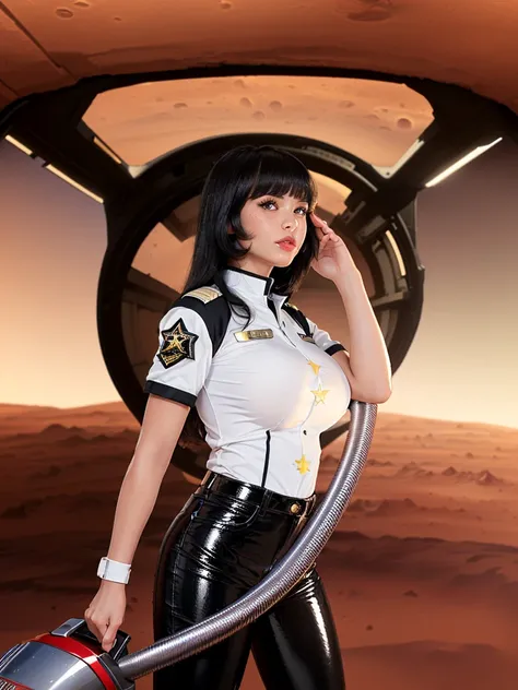 (white saint girl :1.5),(big  breasts:1.5), ,(shiny  black hair:1.3),(bangs:1.2),(vacuum battle uniform with red big star:1.5),(beautiful shiny face skin:1.5),( shiny medium hair:1.3),(thick lip:1.3),(on mars flat :1.5)