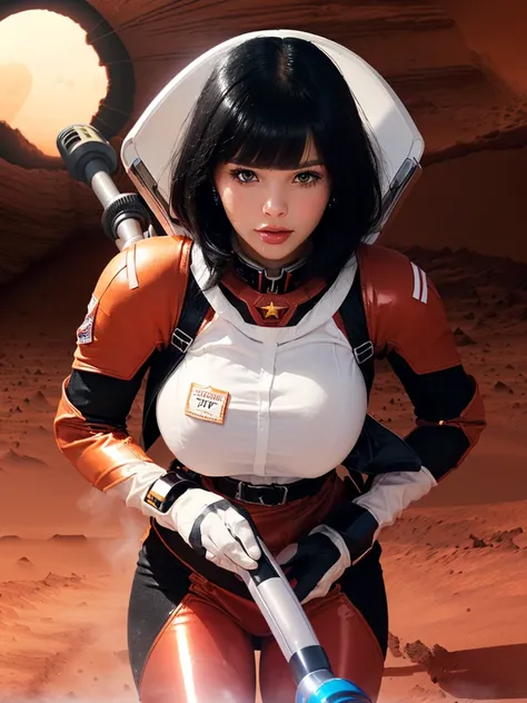 (white saint girl :1.5),(big  breasts:1.5), ,(shiny  black hair:1.3),(bangs:1.2),(vacuum battle uniform with red big star:1.5),(beautiful shiny face skin:1.5),( shiny medium hair:1.3),(thick lip:1.3),(on mars flat :1.5)