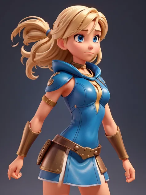 The picture shows a highly stylized, animated figure to see, which looks feminine and very muscular. The figure has short, blonde hair and blue eyes. She wears a brown outfit, that looks like some kind of armor or combat equipment, with a top and a short s...