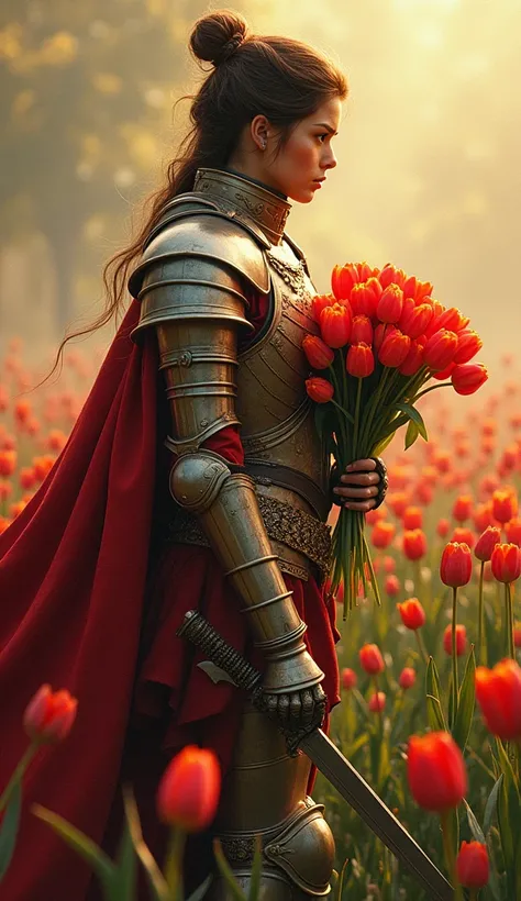 A majestic warrior in shining armors，((She holds a beautiful bouquet of tulips))，((Beautiful tulips))，Standing in the middle of a fierce battle。This scene was inspired by key elements of Gustav Klimt&#39;s famous Golden Age。Lively and animated composition，...