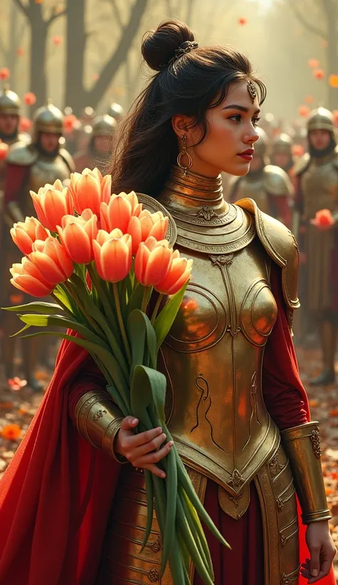 A majestic warrior in shining armors，((She holds a beautiful bouquet of tulips))，((Beautiful tulips))，Standing in the middle of a fierce battle。This scene was inspired by key elements of Gustav Klimt&#39;s famous Golden Age。Lively and animated composition，...