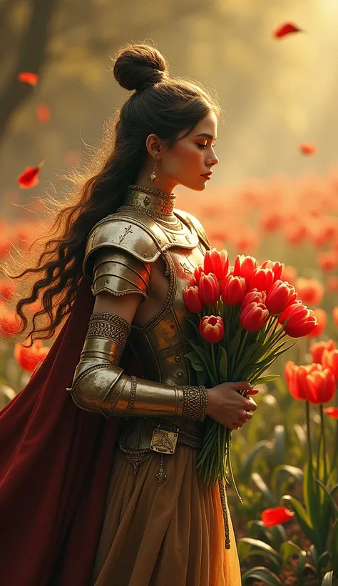 A majestic warrior in shining armors，((She holds a beautiful bouquet of tulips))，((Beautiful tulips))，Standing in the middle of a fierce battle。This scene was inspired by key elements of Gustav Klimt&#39;s famous Golden Age。Lively and animated composition，...