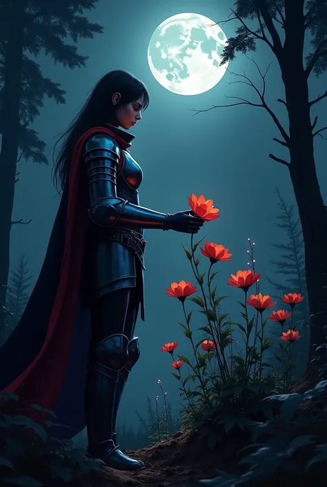 **Prompt:**

Create an image of a knight gently picking a flower in a dark forest, illuminated only by the light of the full moon. Details to include:

- **knightgirl**: A warrior with imposing armor, but with a soft and careful expression. Your armor must...