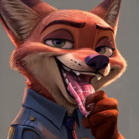 nick wilde (zootopia), disney animation, 2d, looking at viewer, open mouth, tongue out, long tongue, wide-eyed, wolf ears, anato...