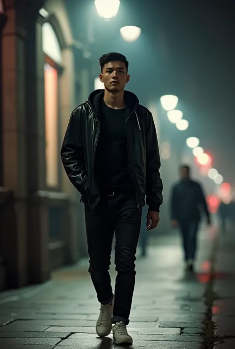 Young skinny asian man with neat short hair combed side, wearing black tshirt, leather jacket bomber with hoodie, black jeans and white sneakers. Walking on sidewalk, dramatical street lamp light, with misterious misty night cityscape, other Pedestrian is ...