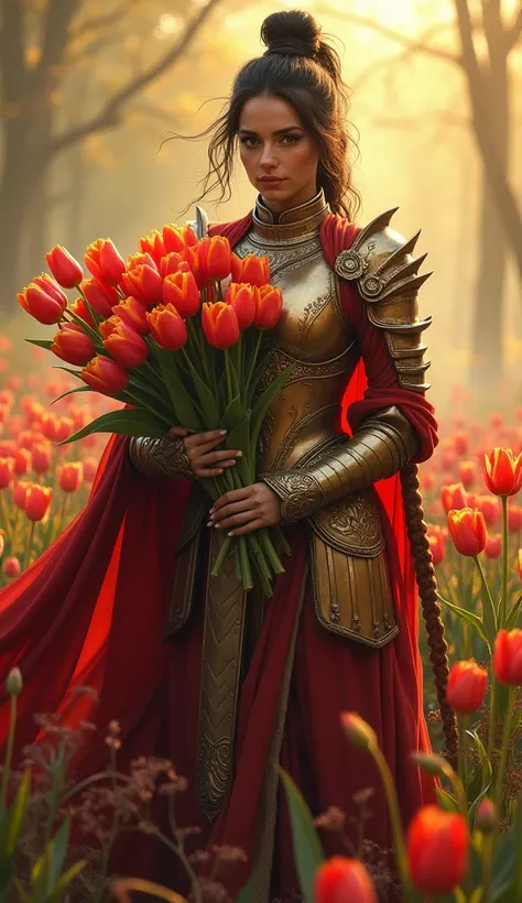 A majestic warrior in shining armors，((She holds a beautiful bouquet of tulips))，((Beautiful tulips))，Standing in the middle of a fierce battle。This scene was inspired by key elements of Gustav Klimt&#39;s famous Golden Age。Lively and animated composition，...