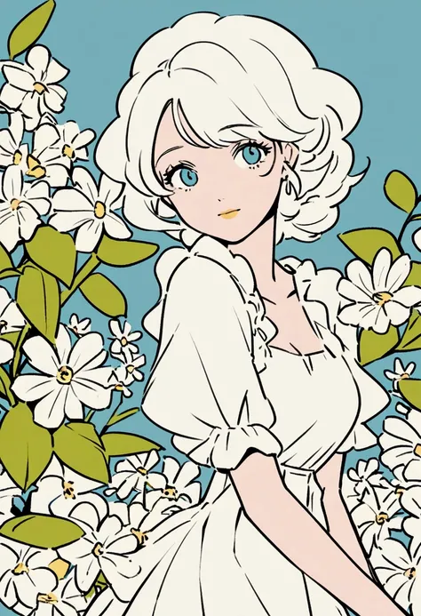 A woman solo in a white dress. Summer, nostalgic, simple and beautiful color scheme, flat color, flowers, chic art, white flowers