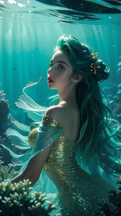 A young woman with voluminous hair in shades of blue and green, rippling like the waters of the ocean. Her hair is adorned with small shells and pearls that shine softly. Your eyes are a sparkling emerald green, with makeup in shades of blue and gold that ...