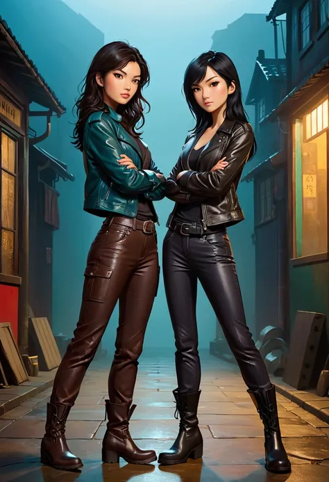 Two beautiful Sarah Kay style women, one with semi-short brown hair, British features, dressed in a leather jacket and dark pants, with boots, the other a beautiful Asian with long black hair, dressed in a petrol colored shirt and dark pants and dark boots...