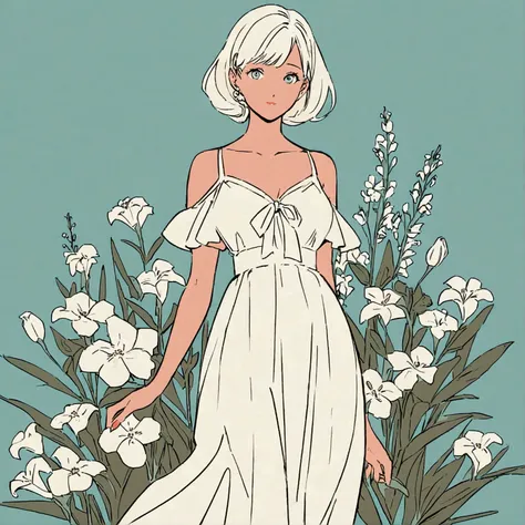 A woman solo in a white dress. Summer, nostalgic, simple and beautiful color scheme, flat color, flowers, chic art, white flowers