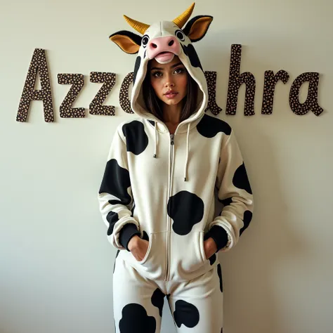 A woman in a cow costume poses for a photo, the spotty text "Azzahra" on the wall, inspired by Edo Murtich, tumblr, gorgeous long dress model, anime Barbie doll, ultra-realistic cute bunny girl inspired by Nier : automata