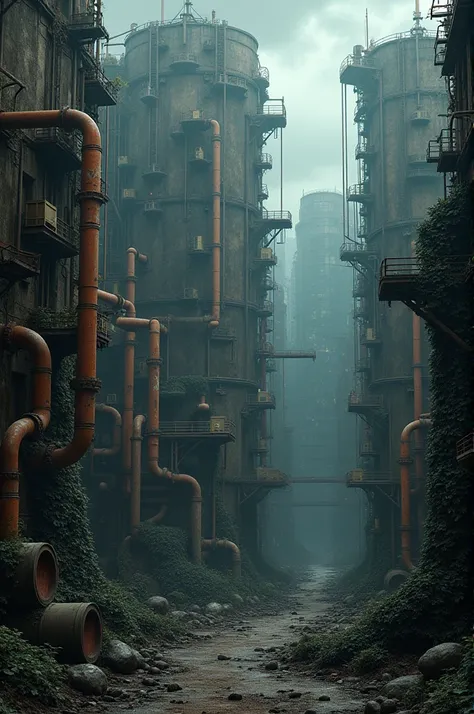 Create a place like a city made of rusty pipes and with a dead environment as well as looking abandoned and consumed by black plants like the void and a galactic sky and looking in ruins