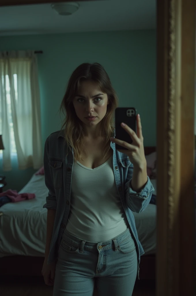 Phone photo: A frightened woman stands in front of a mirror, capturing a selfie. The image quality is grainy, with a slight blur softening the details. The lighting is dim, casting shadows that obscure her features. The room is cluttered, with clothes stre...