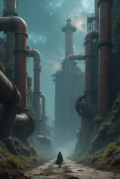 Create a place as if it were a kingdom made of rusty pipes and with a dead environment as well as looking abandoned and consumed by black plants like the void and a galactic sky and that looks in ruins