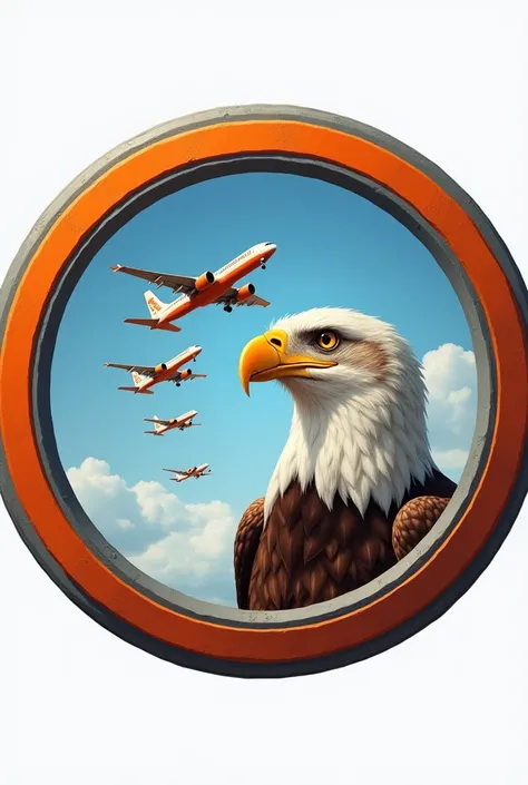 Round coat of arms with orange and gray borders, inside the coat of arms an Eagle&#39;s head looking up, blue sky background with several gol aircraft.