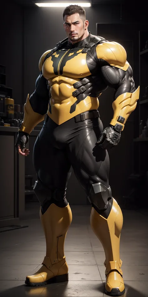 Tall giant muscular police officer，Yellow and black camouflage patterned nano mecha，Honeycomb pattern，Lightweight texture，Character Concept（Resident Evil - Chris Redfield，Chris Redfield）senior police officer，Small grid texture，Regular symmetrical texture p...