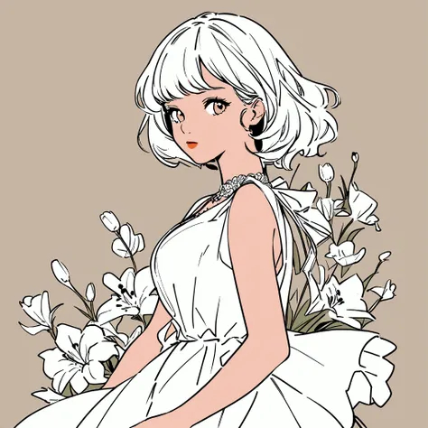 A woman solo in a white dress. Summer, nostalgic, simple and beautiful color scheme, flat color, flowers, chic art, white flowers