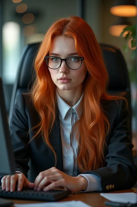 a gorgeous girl with long ginger hair, detailed eyes, nose, and lips, wearing professional outfit, glasses, athletic, siting in her office, using her computer, hp comuter (best quality,4k,8k,highres,masterpiece:1.2),ultra-detailed,(realistic,photorealistic...