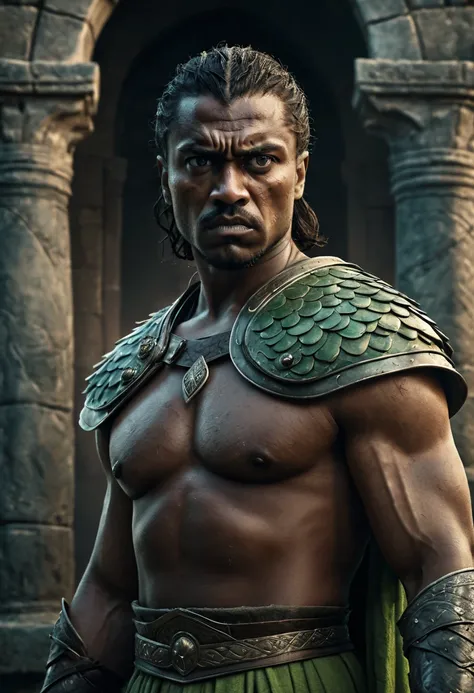 cinema poster, centered art, head and shoulders, 1 Warrior , standing alone, ((standing alone)), (((apenas um personagem))), Full body photorealistic A male warrior. slanted eyes. sculpted lips.middle-age. bonitas. in a castle. Dark skin with scales. light...