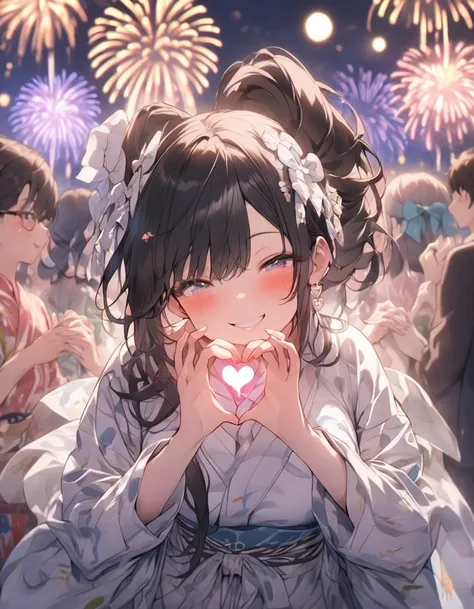 masterpiece、girl、Black Hair、Long Hair、tied hair、(((Make a heart shape with both hands)))、Summer yukata、firework、(((heart-shaped fireworks)))、smile、Focus on the face, night background