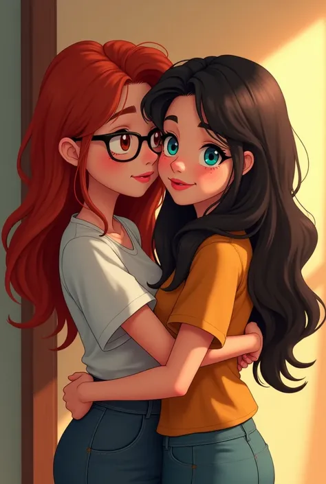 red hair girl, with short hair, 17 years old , with glasses , thin lips,round face and ,gordita abrazando a una chica 17 years old , little brunette, thick lips , long wavy black hair and blue eyes